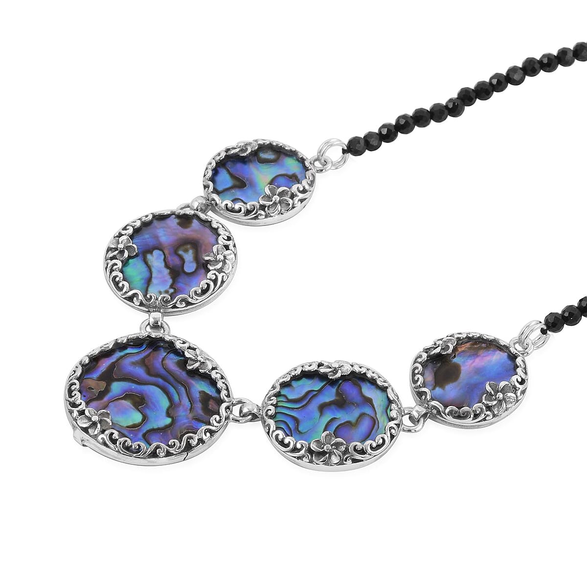 Bali Legacy Abalone Shell Pendant with Thai Black Spinel Beaded Necklace 20 Inches in Sterling Silver 50.00 ctw image number 4
