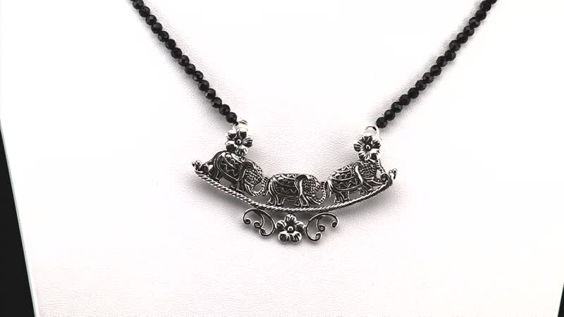 Doorbuster BALI LEGACY Natural Thai Black Spinel Beaded Elephant Necklace 20 Inches in Sterling Silver 8.60 Grams 32.50 ctw