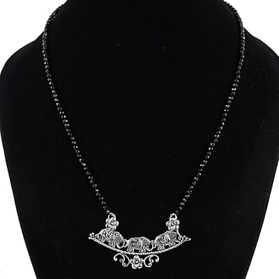 Bali Legacy Thai Black Spinel 46.50 ctw Beaded Necklace, Elephant Necklace, Sterling Silver Necklace, Spinel Beads Necklace, 20-22 Inch Necklace