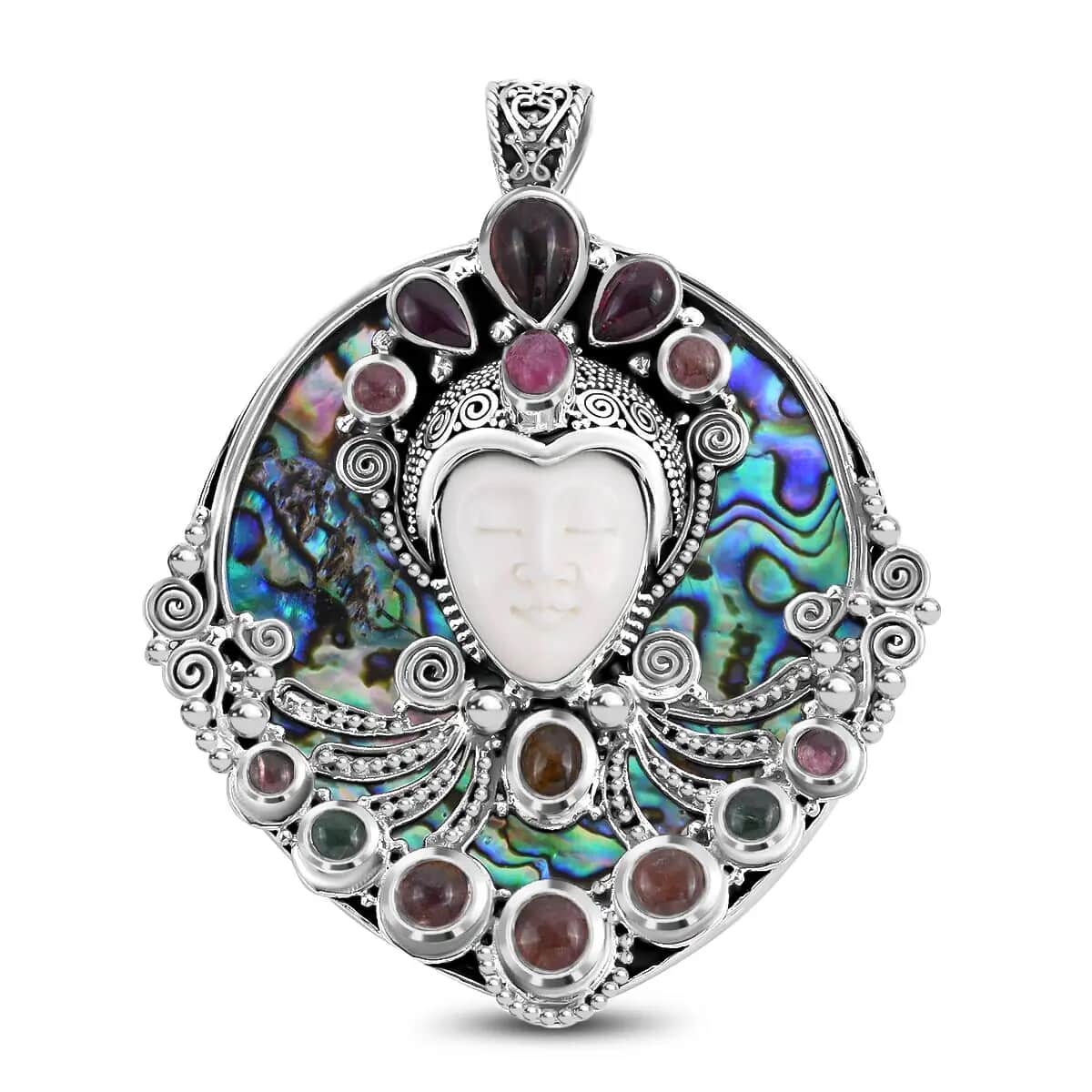 Bali Legacy Carved Bone Pendant, Abalone Shell Pendant, Multi Tourmaline Accent Pendant, Sterling Silver Pendant 13.25 ctw image number 0