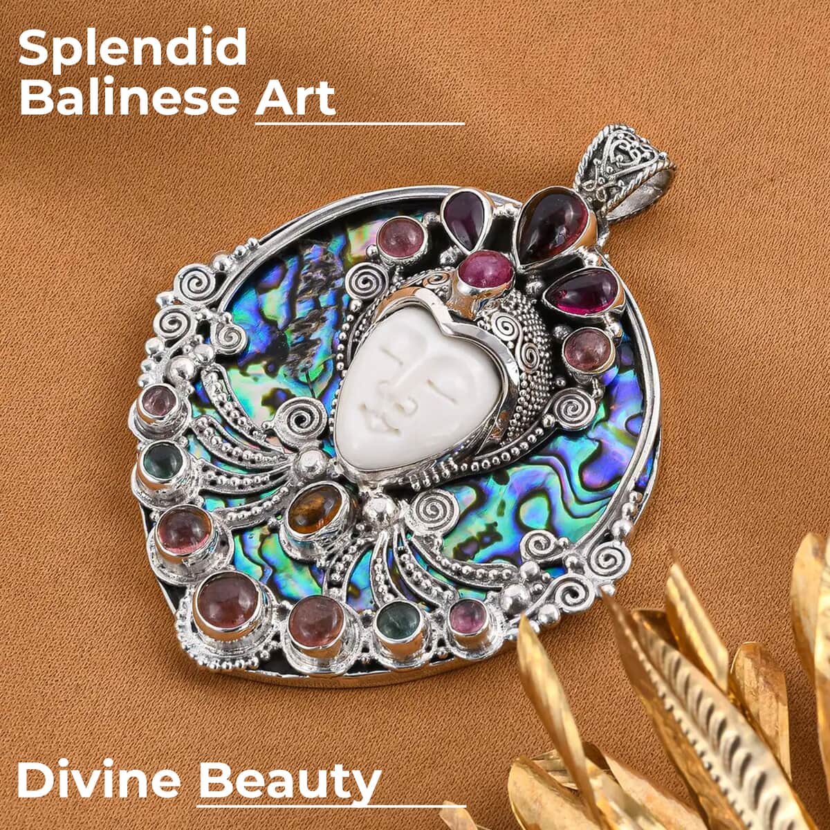 Bali Legacy Carved Bone Pendant, Abalone Shell Pendant, Multi Tourmaline Accent Pendant, Sterling Silver Pendant 13.25 ctw image number 1