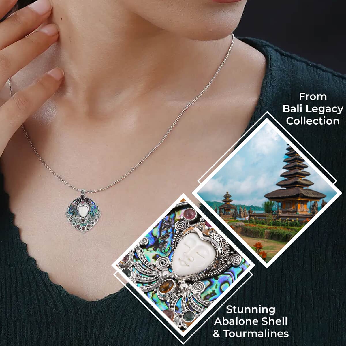 Bali Legacy Carved Bone Pendant, Abalone Shell Pendant, Multi Tourmaline Accent Pendant, Sterling Silver Pendant 13.25 ctw image number 2