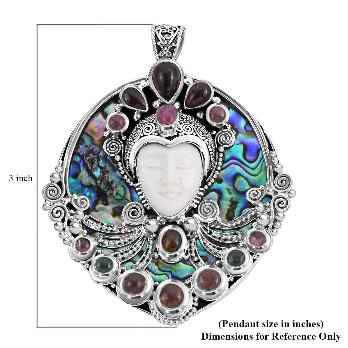 Bali Legacy Carved Bone Pendant, Abalone Shell Pendant, Multi Tourmaline Accent Pendant, Sterling Silver Pendant 13.25 ctw image number 6
