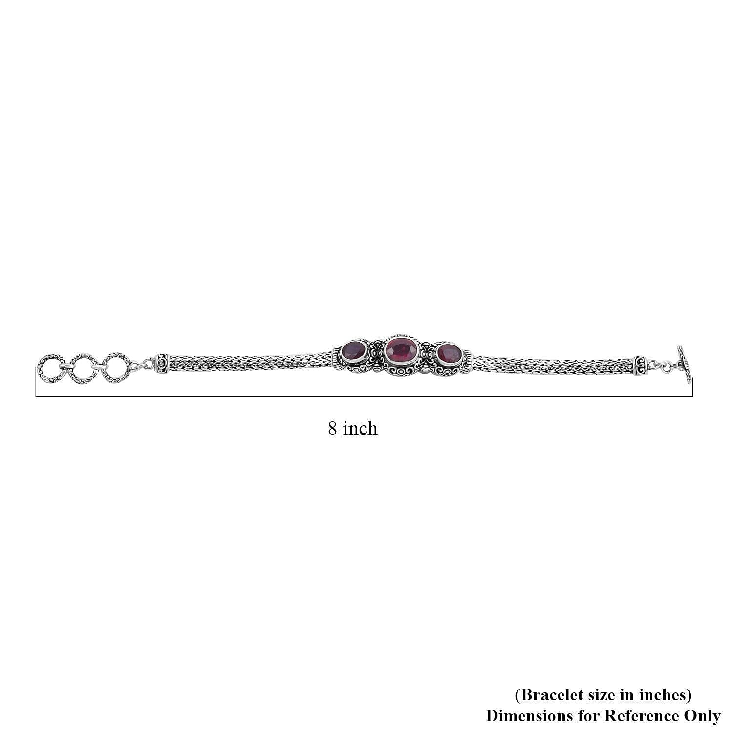 Bali Legacy African Ruby Bracelet , Three Stone Bracelet ,Toggle Clasp Bracelet , Sterling Silver Bracelet , Fashion Bracelet (7.50 In) 7.65 ctw