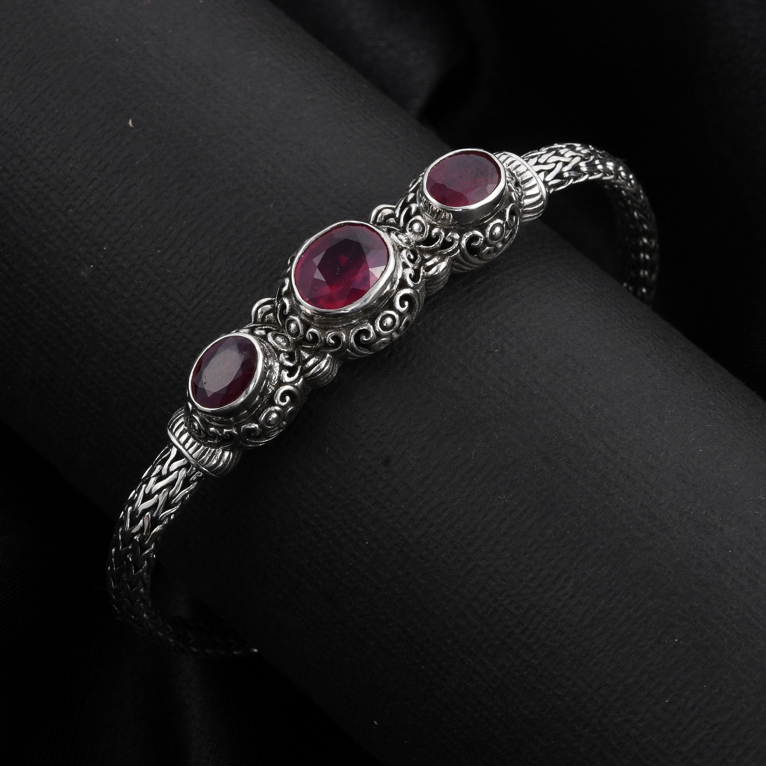 Bali Legacy African Ruby Bracelet , Three Stone Bracelet ,Toggle Clasp Bracelet , Sterling Silver Bracelet , Fashion Bracelet (7.50 In) 7.65 ctw