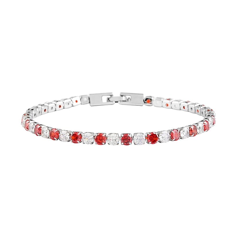 Simulated Red and White Diamond Tennis Bracelet in Silvertone (7.50 In) 9.90 ctw