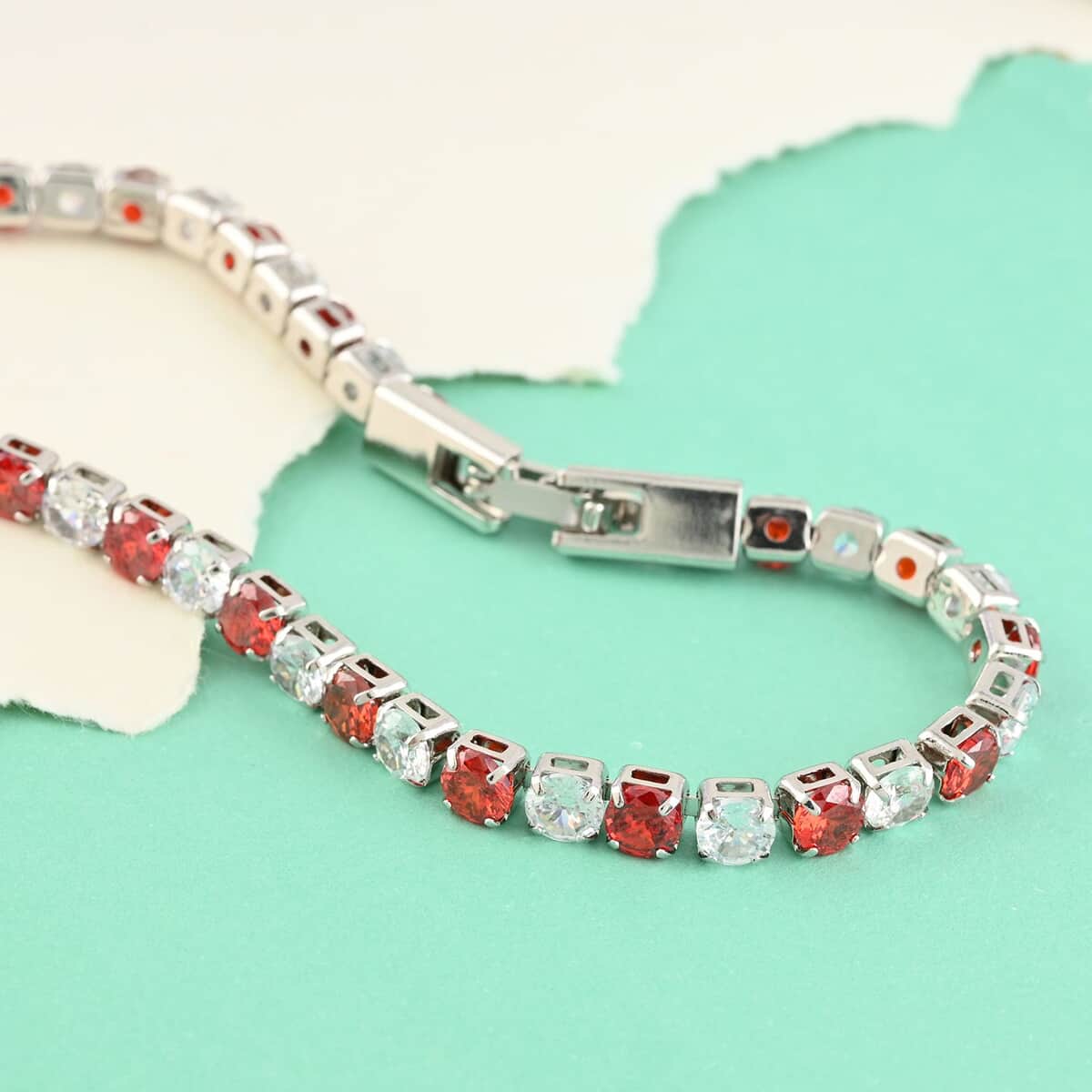Simulated Red and White Diamond Tennis Bracelet in Silvertone (7.50 In) 9.90 ctw image number 1