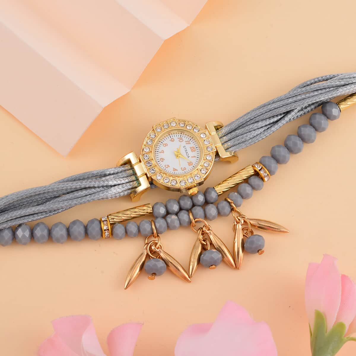 Strada Austrian Crystal, Gray Pearl Glass and Resin Japanese Movement Bracelet Watch in Goldtone with Gray Nylon Strap (25.4 mm) (8.00-9.00 Inches) image number 1