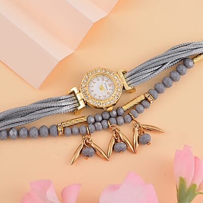 Strada Austrian Crystal, Gray Pearl Glass and Resin Japanese Movement Bracelet Watch in Goldtone with Gray Nylon Strap (25.4 mm) (8.00-9.00 Inches)