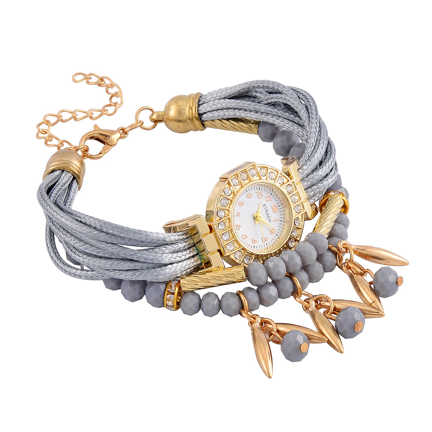Strada Austrian Crystal, Gray Pearl Glass and Resin Japanese Movement Bracelet Watch in Goldtone with Gray Nylon Strap (25.4 mm) (8.00-9.00 Inches)
