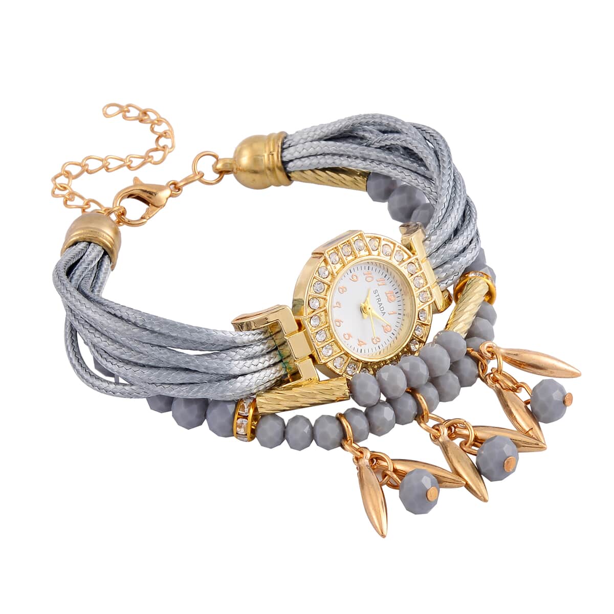 Strada Austrian Crystal, Gray Pearl Glass and Resin Japanese Movement Bracelet Watch in Goldtone with Gray Nylon Strap (25.4 mm) (8.00-9.00 Inches) image number 2