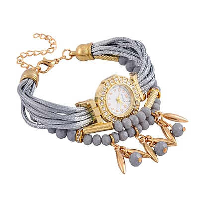 Strada Austrian Crystal, Gray Pearl Glass and Resin Japanese Movement Bracelet Watch in Goldtone with Gray Nylon Strap (25.4 mm) (8.00-9.00 Inches)