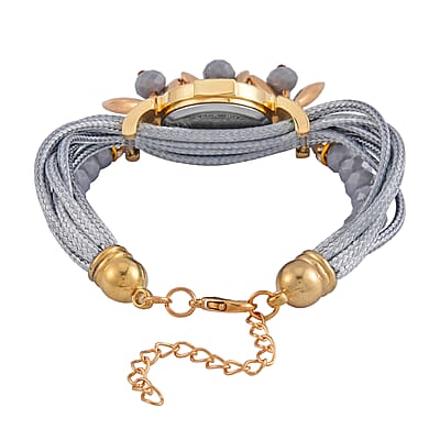 Strada Austrian Crystal, Gray Pearl Glass and Resin Japanese Movement Bracelet Watch in Goldtone with Gray Nylon Strap (25.4 mm) (8.00-9.00 Inches)