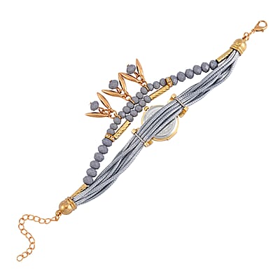 Strada Austrian Crystal, Gray Pearl Glass and Resin Japanese Movement Bracelet Watch in Goldtone with Gray Nylon Strap (25.4 mm) (8.00-9.00 Inches)