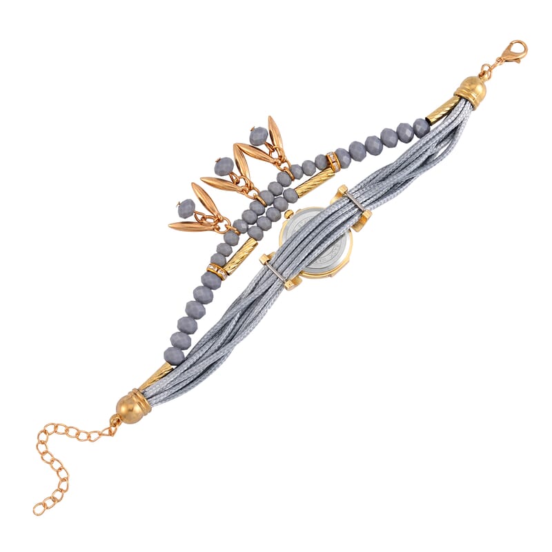 Strada Austrian Crystal, Gray Pearl Glass and Resin Japanese Movement Bracelet Watch in Goldtone with Gray Nylon Strap (25.4 mm) (8.00-9.00 Inches)
