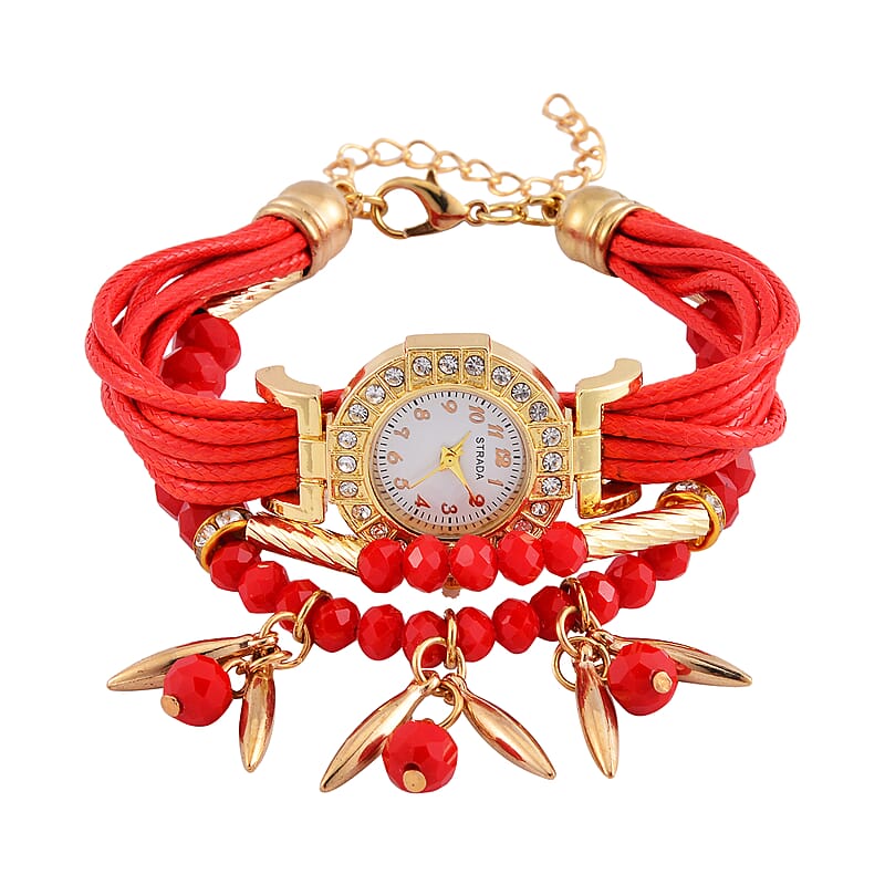 Strada Austrian Crystal, Red Glass and Resin Japanese Movement Bracelet Watch in Goldtone with Red Nylon Strap (25.4 mm) (8.00-9.00 Inches)