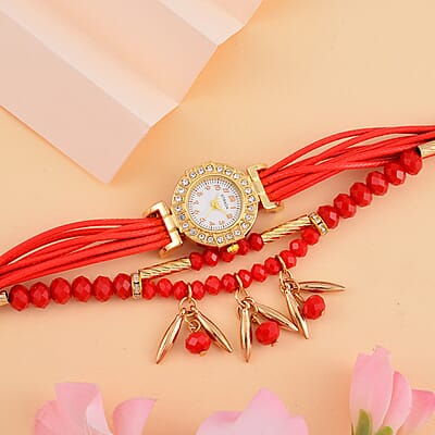 Strada Austrian Crystal, Red Glass and Resin Japanese Movement Bracelet Watch in Goldtone with Red Nylon Strap (25.4 mm) (8.00-9.00 Inches)