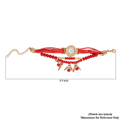 Strada Austrian Crystal, Red Glass and Resin Japanese Movement Bracelet Watch in Goldtone with Red Nylon Strap (25.4 mm) (8.00-9.00 Inches)