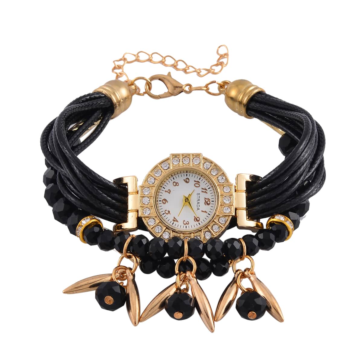 Strada Austrian Crystal, Black Glass, Resin Japanese Movement Bracelet Watch in Goldtone with Black Nylon Strap (25.4 mm) (8.00-9.00 Inches) image number 0