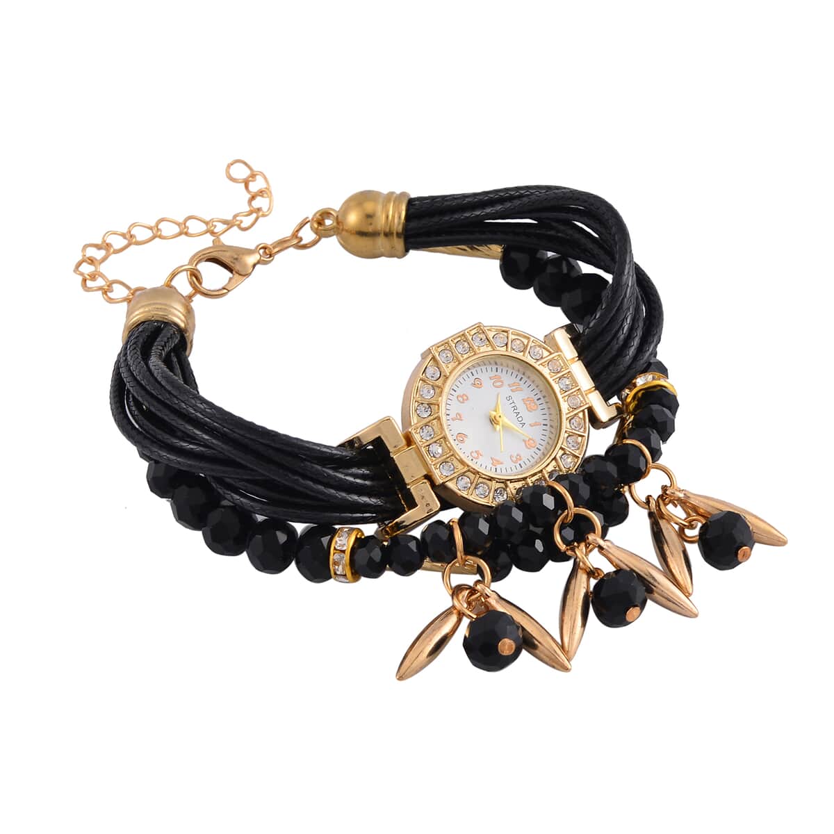 Strada Austrian Crystal, Black Glass, Resin Japanese Movement Bracelet Watch in Goldtone with Black Nylon Strap (25.4 mm) (8.00-9.00 Inches) image number 2