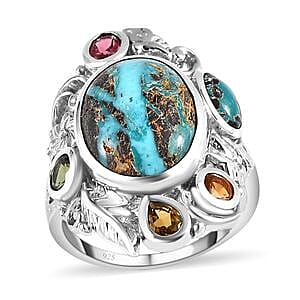 Sierra Nevada Turquoise and Multi Gemstone 7.03 ctw Ring in Platinum Over Sterling Silver (Size 5.5)