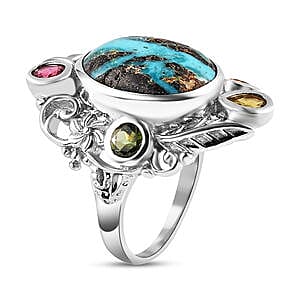 Sierra Nevada Turquoise and Multi Gemstone 7.03 ctw Ring in Platinum Over Sterling Silver (Size 5.5)
