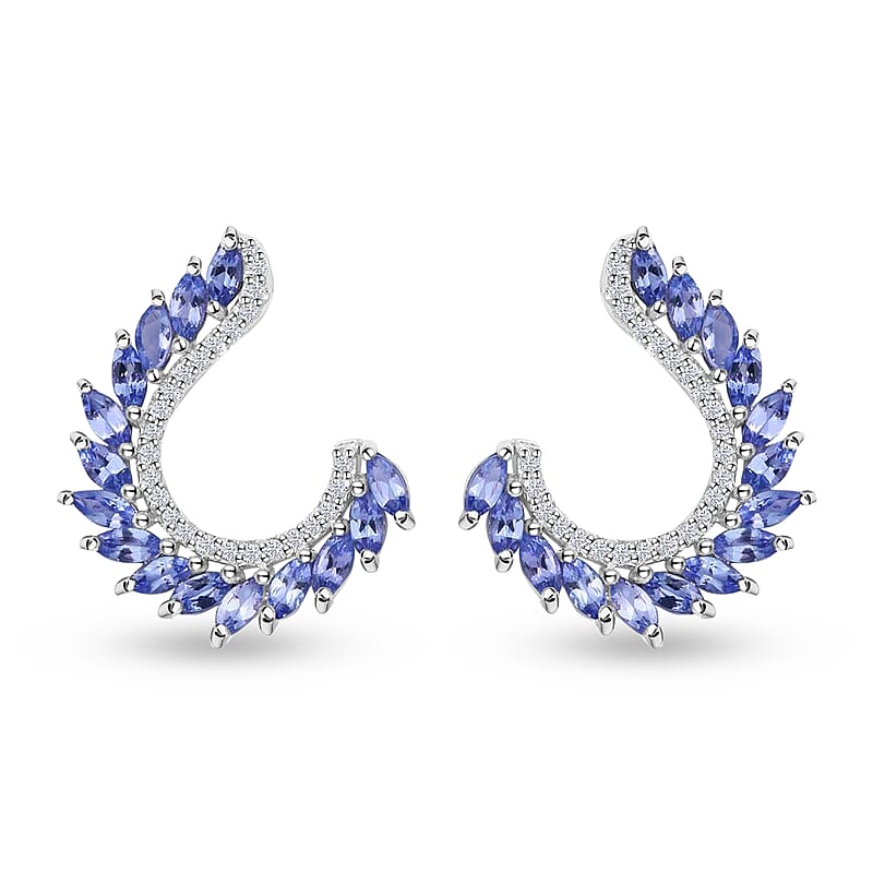 Tanzanite Ear Climber Earrings, White Zircon Accent Earrings, Tanzanite Earrings,  Sterling Silver Earrings, Gifts For Her, Fashion Earrings 2.85 ctw