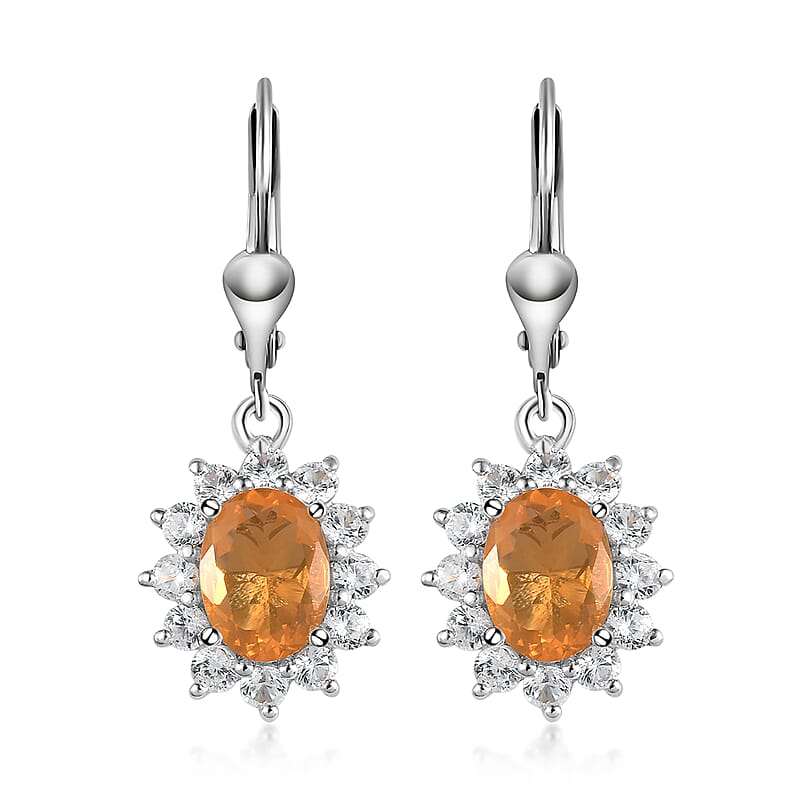 Jalisco Fire Opal and White Zircon Sunburst Lever Back Earrings in Platinum Over Sterling Silver 3.35 ctw