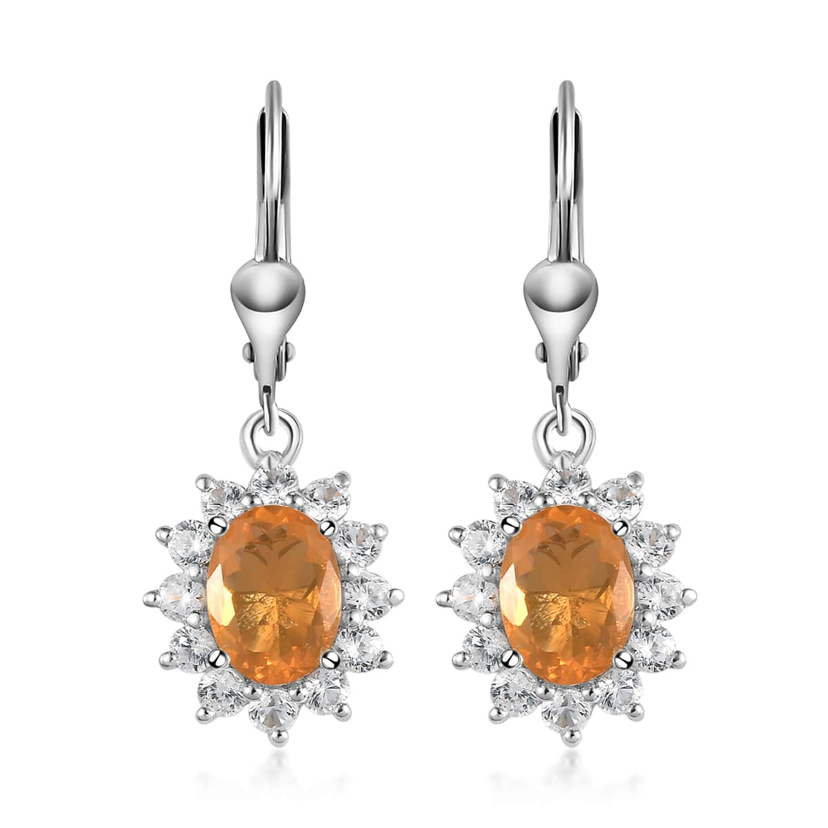 Jalisco Fire Opal and White Zircon Sunburst Lever Back Earrings in Platinum Over Sterling Silver 3.35 ctw image number 0