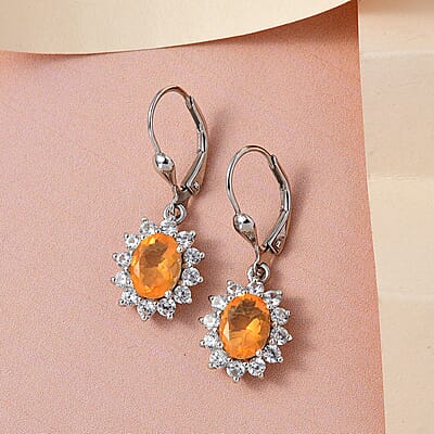 Jalisco Fire Opal and White Zircon Sunburst Lever Back Earrings in Platinum Over Sterling Silver 3.35 ctw