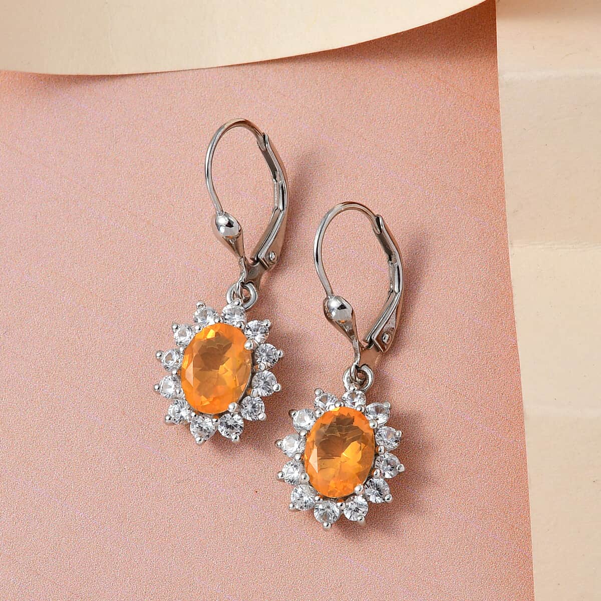 Jalisco Fire Opal and White Zircon Sunburst Lever Back Earrings in Platinum Over Sterling Silver 3.35 ctw image number 1