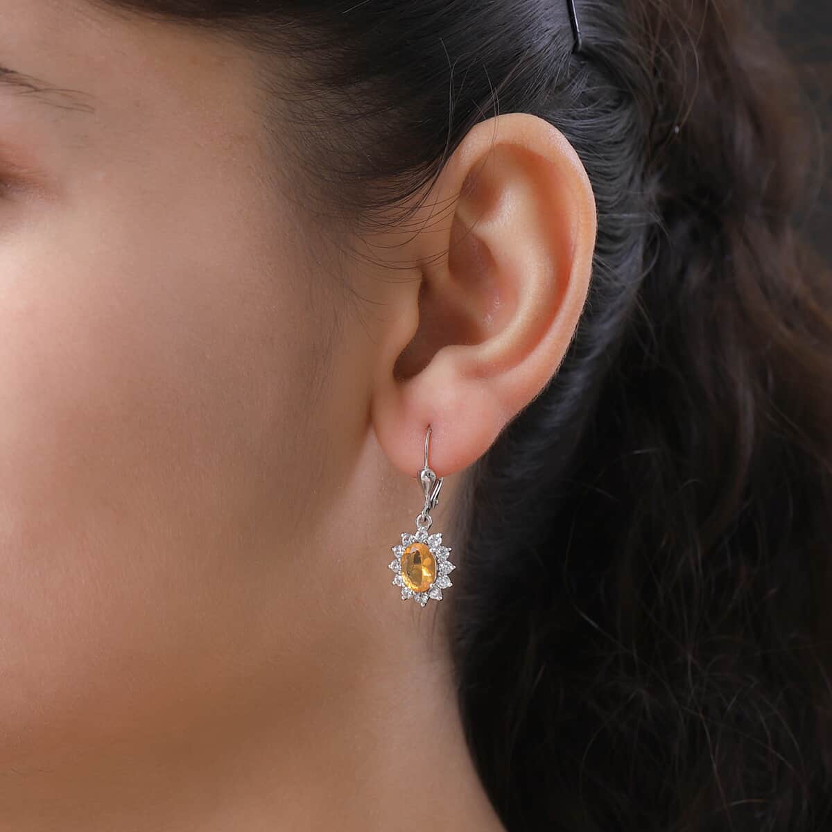 Jalisco Fire Opal and White Zircon Sunburst Lever Back Earrings in Platinum Over Sterling Silver 3.35 ctw image number 2
