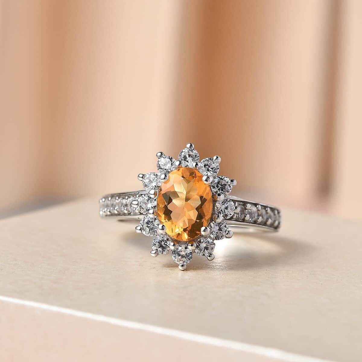 Jalisco Fire Opal and Natural White Zircon Sunburst Ring in Platinum Over Sterling Silver (Size 10.0) 2.00 ctw image number 1