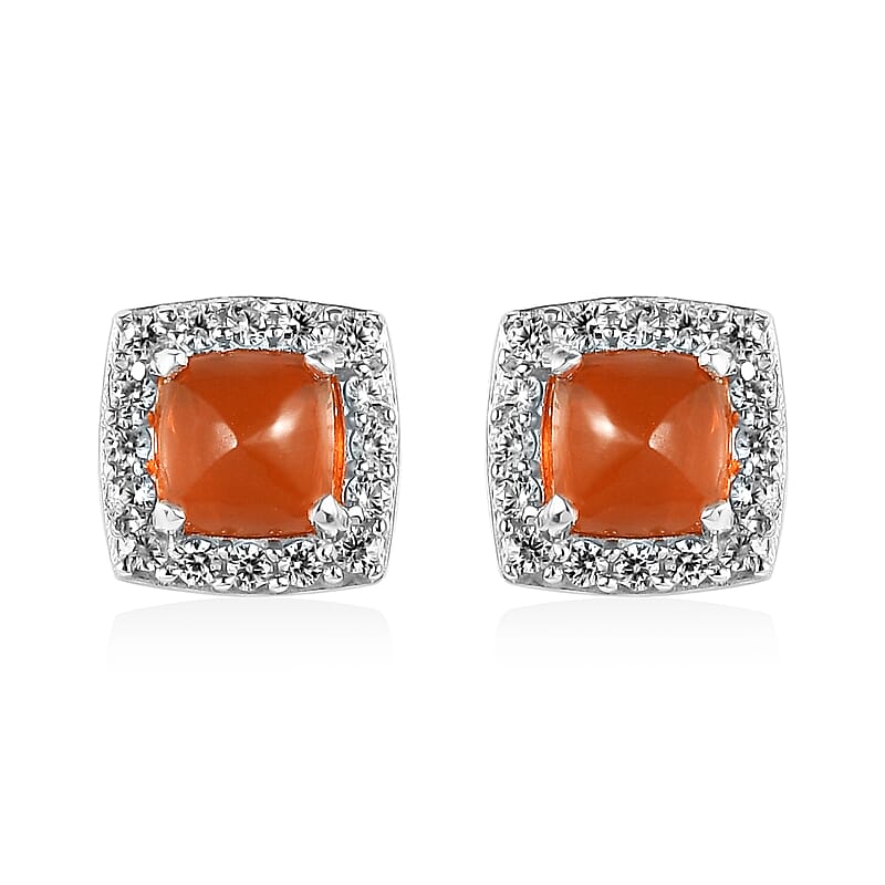 Jalisco Fire Opal and Natural White Zircon Stud Earrings in Platinum Over Sterling Silver 1.60 ctw