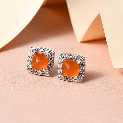 Jalisco Fire Opal and Natural White Zircon Stud Earrings in Platinum Over Sterling Silver 1.60 ctw