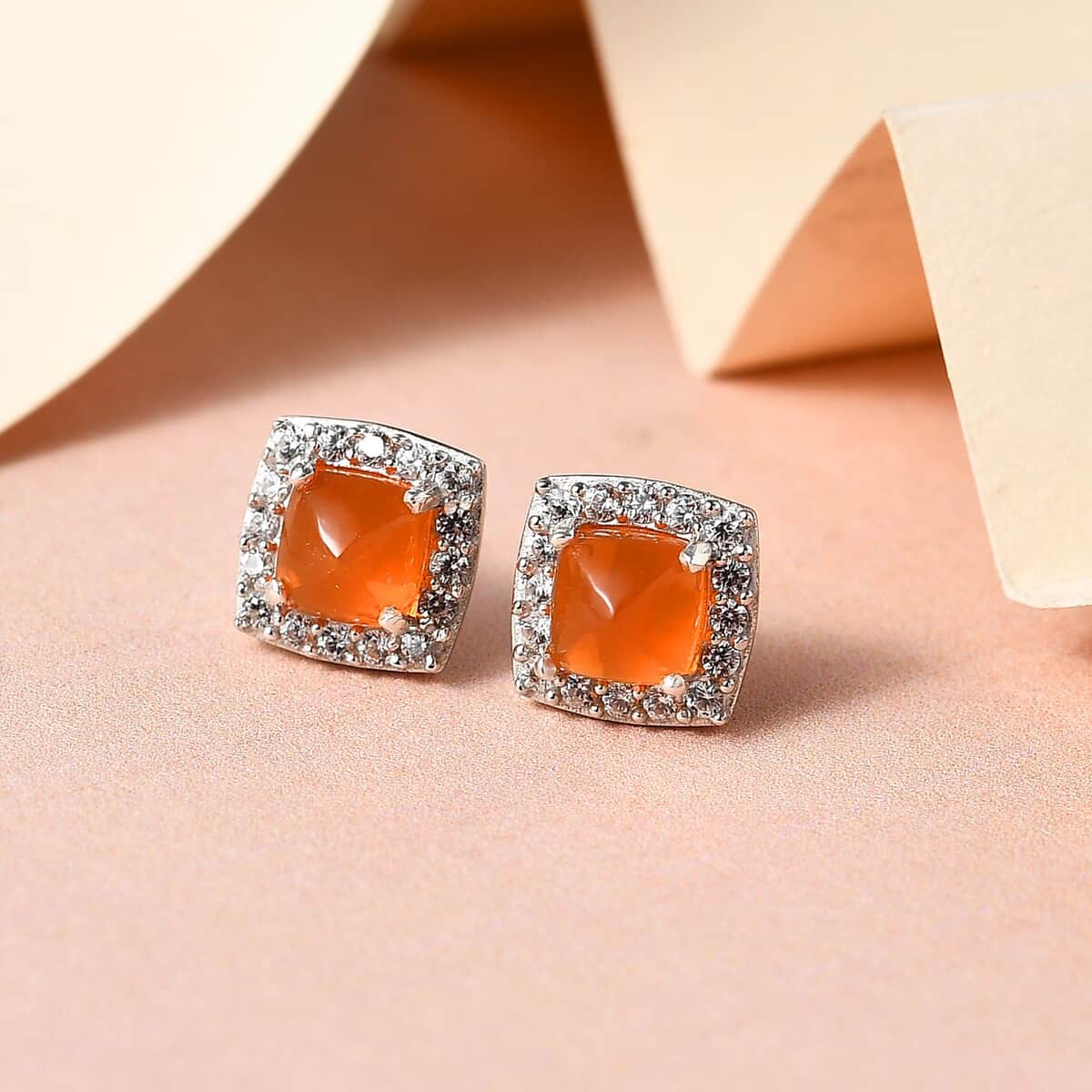 Jalisco Fire Opal and Natural White Zircon Stud Earrings in Platinum Over Sterling Silver 1.60 ctw image number 1