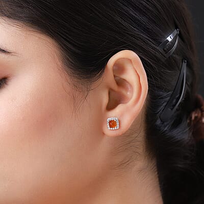 Jalisco Fire Opal and Natural White Zircon Stud Earrings in Platinum Over Sterling Silver 1.60 ctw