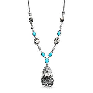 White Buffalo and Sleeping Beauty Turquoise 34.88 ctw Fancy Necklace in Platinum Over Sterling Silver 18 Inches (18.79 g)