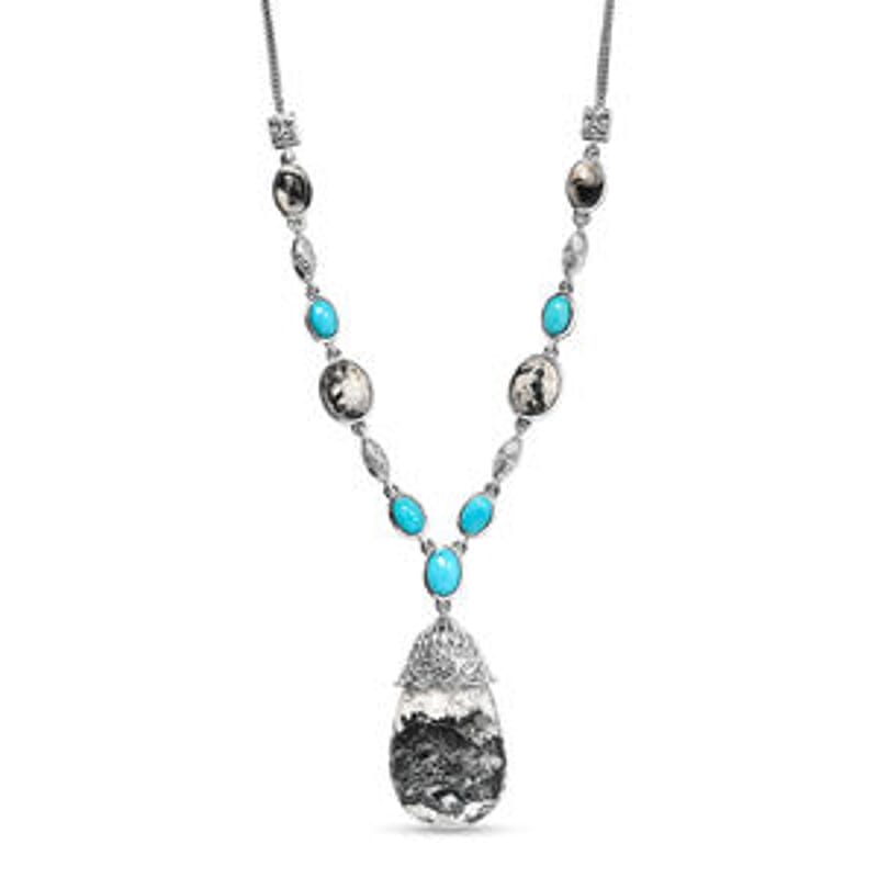 White Buffalo and Sleeping Beauty Turquoise 34.88 ctw Fancy Necklace in Platinum Over Sterling Silver 18 Inches (18.79 g)