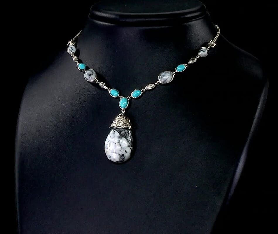 White Buffalo and Sleeping Beauty Turquoise 34.88 ctw Fancy Necklace in Platinum Over Sterling Silver 18 Inches (18.79 g)