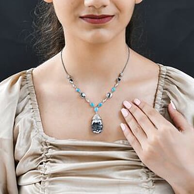 White Buffalo and Sleeping Beauty Turquoise 34.88 ctw Fancy Necklace in Platinum Over Sterling Silver 18 Inches (18.79 g)