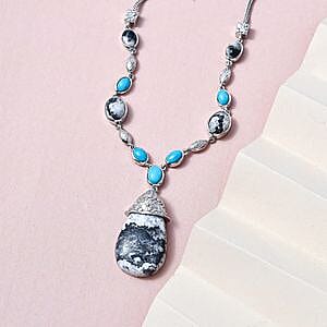 White Buffalo and Sleeping Beauty Turquoise 34.88 ctw Fancy Necklace in Platinum Over Sterling Silver 18 Inches (18.79 g)