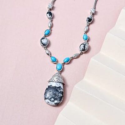 White Buffalo and Sleeping Beauty Turquoise 34.88 ctw Fancy Necklace in Platinum Over Sterling Silver 18 Inches (18.79 g)