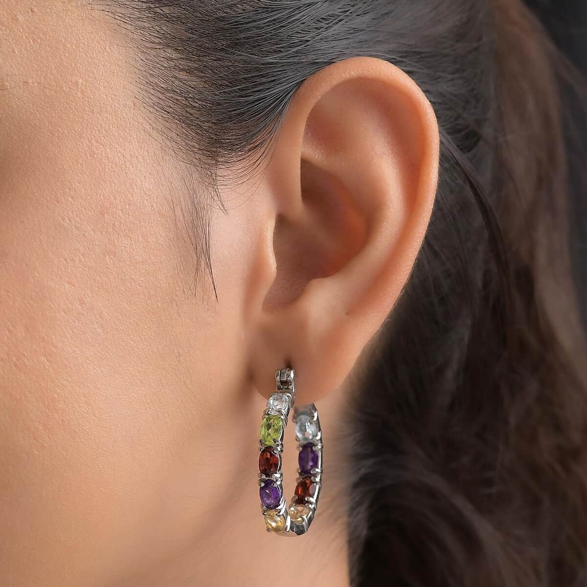 Multi Gemstone Inside Out Hoop Earrings in Stainless Steel 7.85 ctw image number 2