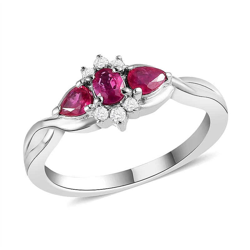 Premium Montepuez Ruby and Natural White Zircon Infinity Band Ring in Platinum Over Sterling Silver (Size 10.0) 0.60 ctw