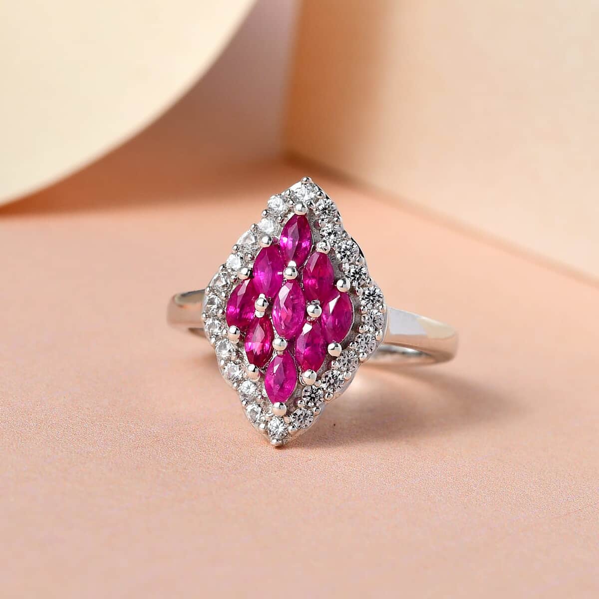 Premium Montepuez Ruby and Natural White Zircon Ring in Platinum Over Sterling Silver 1.20 ctw image number 1