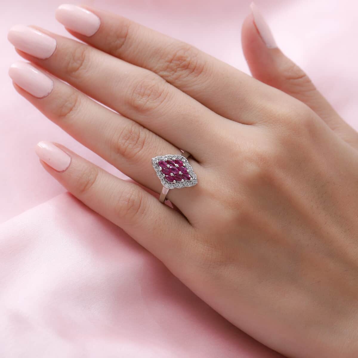 Premium Montepuez Ruby and Natural White Zircon Ring in Platinum Over Sterling Silver 1.20 ctw image number 2