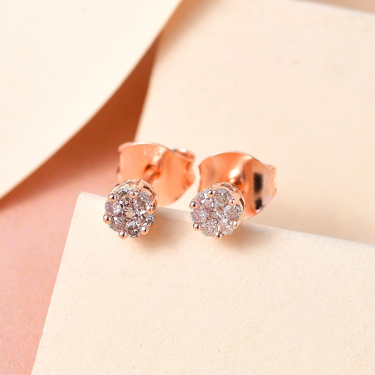 Pressure Set Natural Pink Diamond Stud Earrings in Vermeil Rose Gold Over Sterling Silver 0.15 ctw
