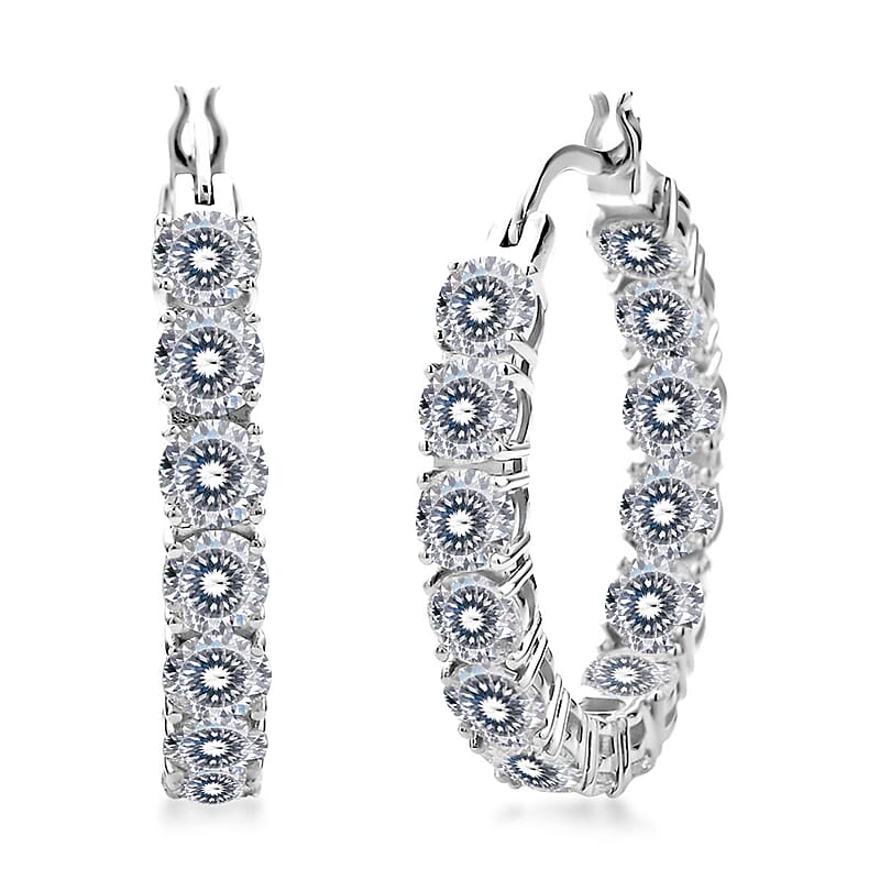 Moissanite 12.80 ctw Earrings in Rhodium Over Sterling Silver, Inside Out Hoop, Silver Hoops For Women