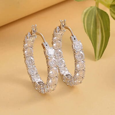 Moissanite 12.80 ctw Earrings in Rhodium Over Sterling Silver, Inside Out Hoop, Silver Hoops For Women